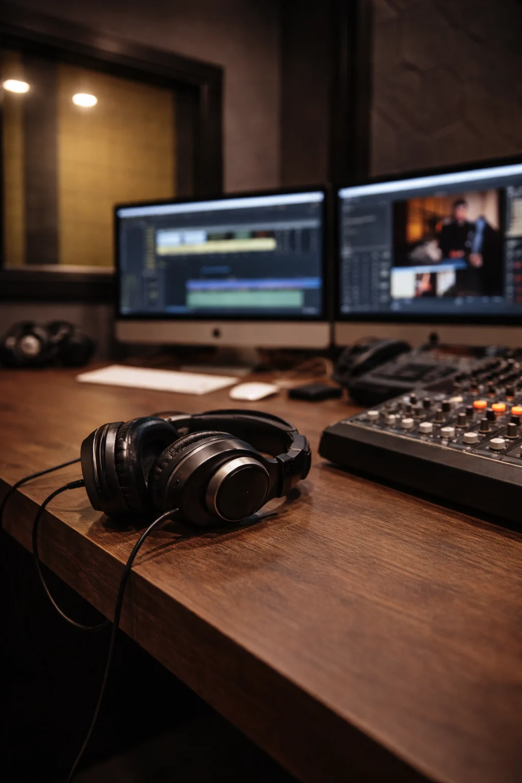 Control de realización con auriculares, mesa de mezclas y dos monitores de edición