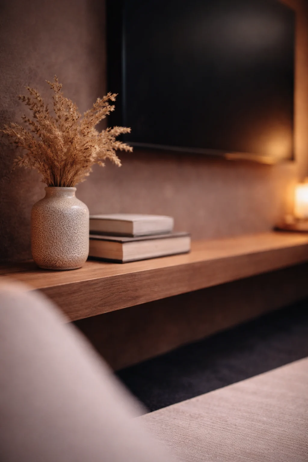 Warm detail of the studio: a wooden shelf with a vase, books and ambient light