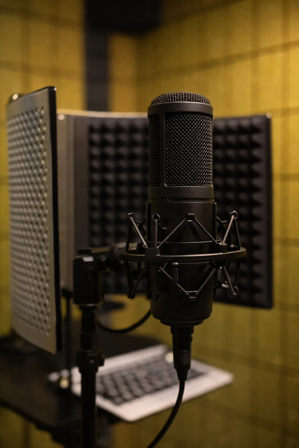 Condenser microphone with pop filter in an acoustically treated audio booth