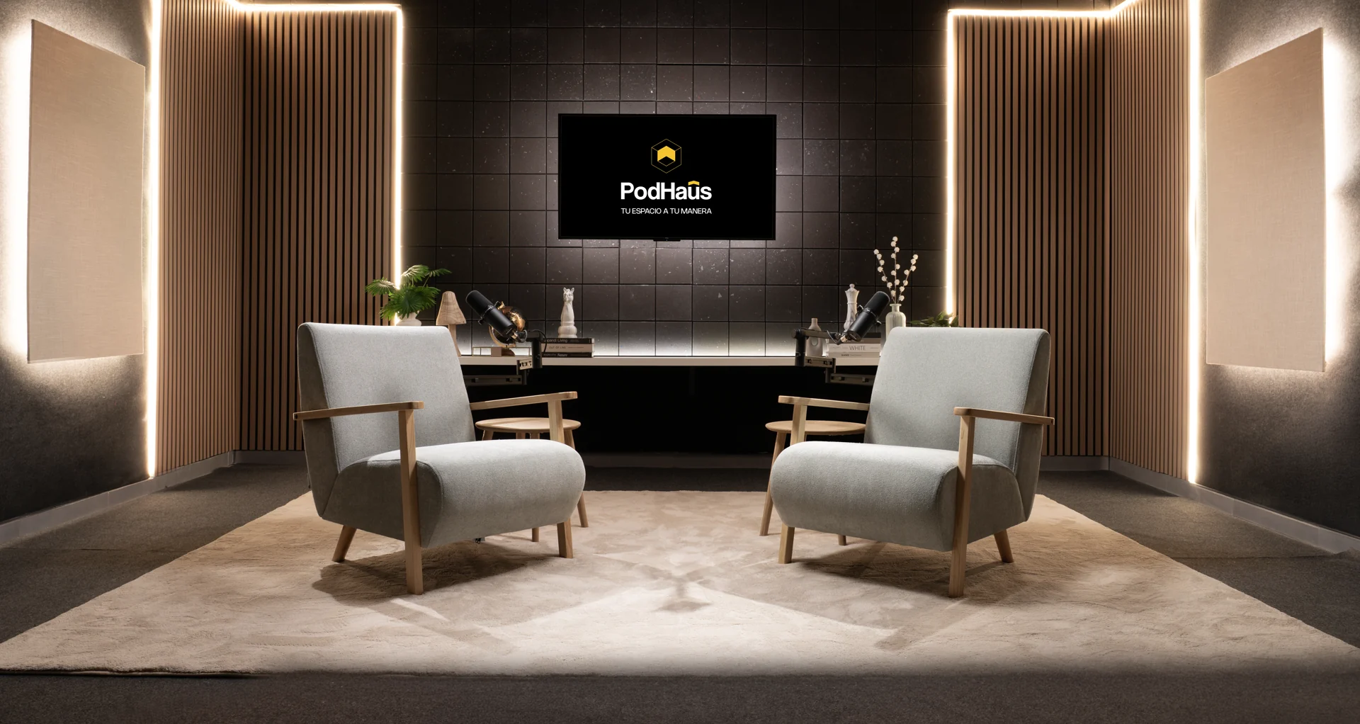 The studio's main room with two facing armchairs and the PodHaûs screen behind