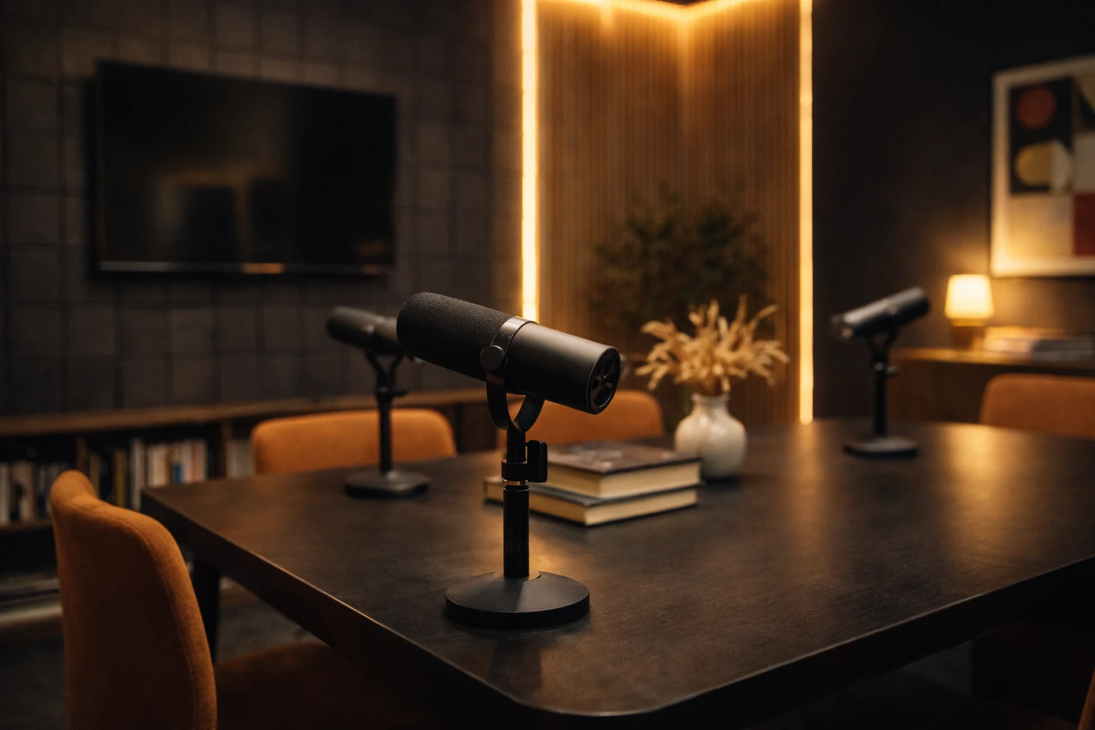 Recording table with two microphones facing each other on a warm video podcast set