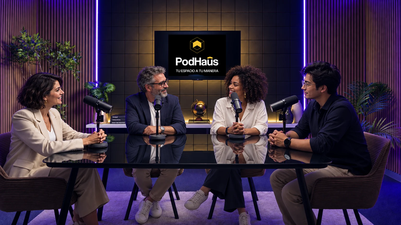 Four people recording at the studio's long table