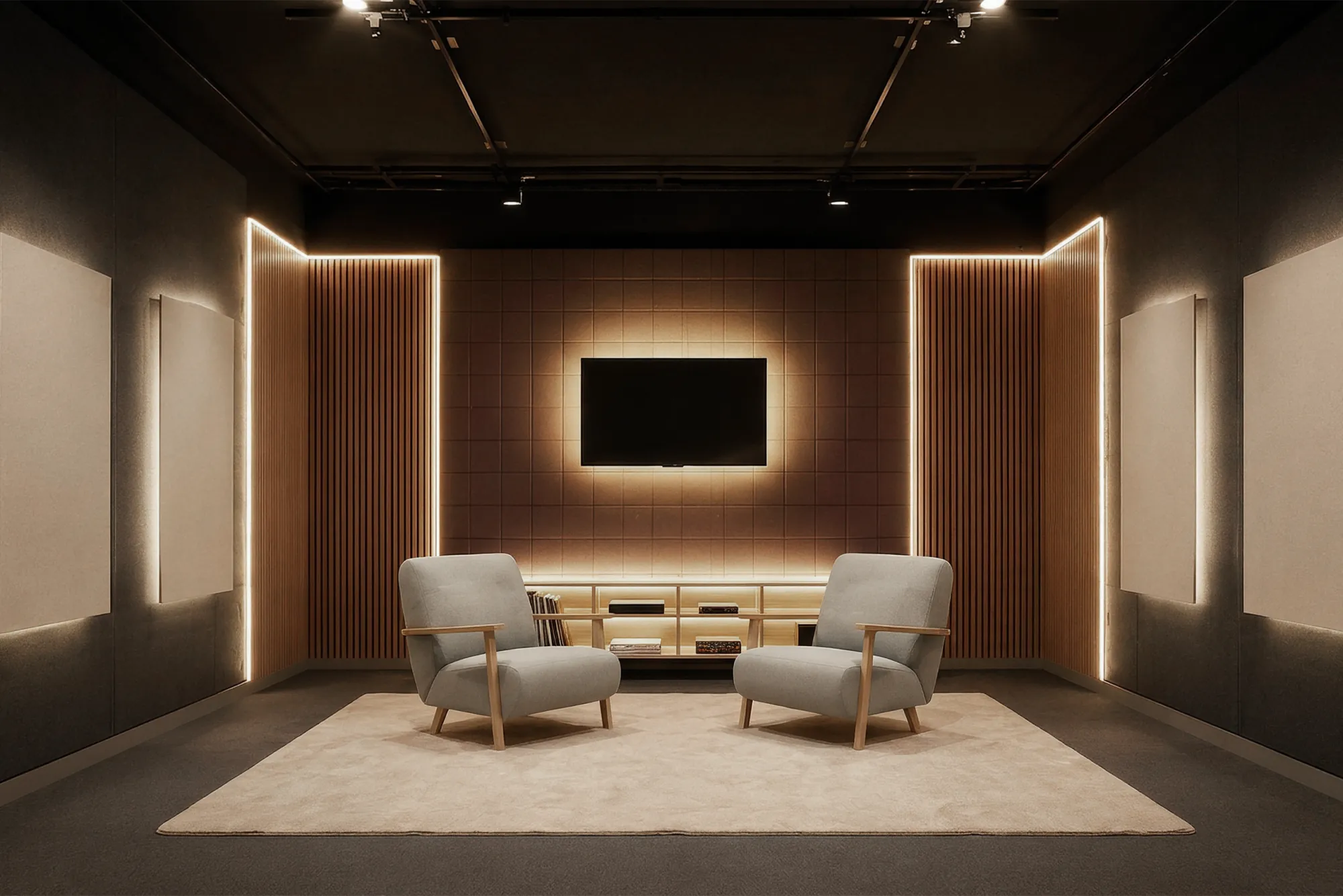 Set de grabación premium de PodHaûs con dos butacas, paneles de madera y luz LED dorada