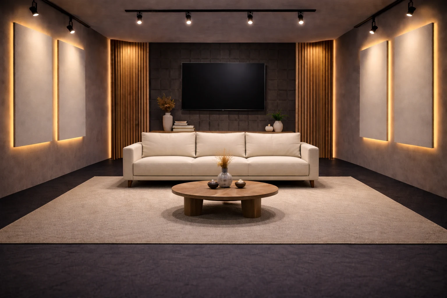 Set de estudio con sofá blanco, mesa baja de madera y pantalla de televisión